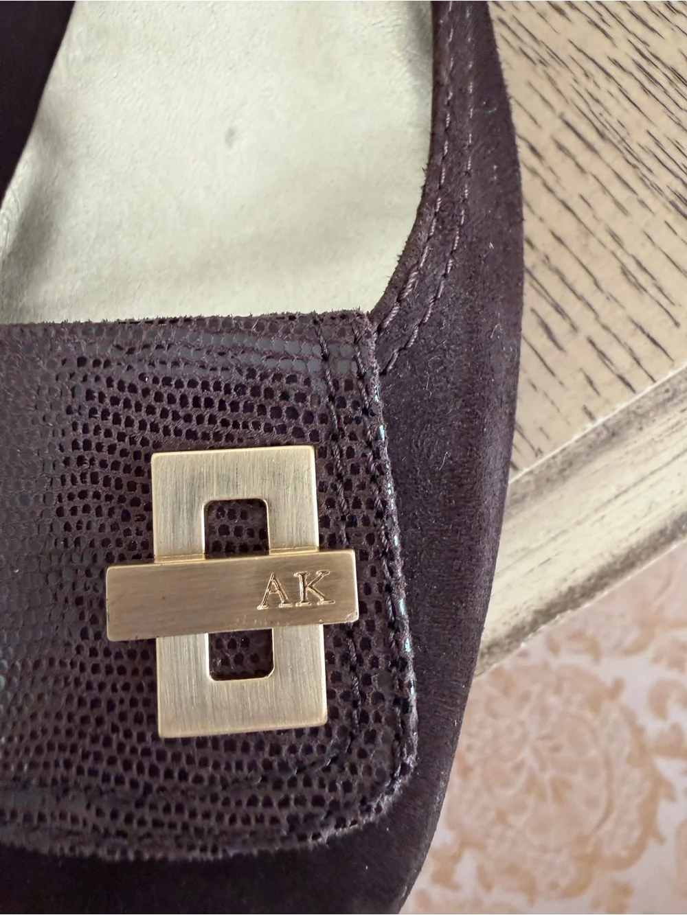 Anne Klein Dark Brown Suede Loafers with Gold Hardware